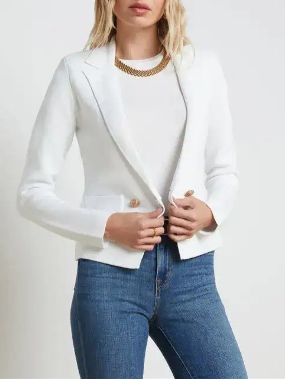 L'Agence Sofia Blazer White Knit Pointelle Gold Button Size XS NWOT